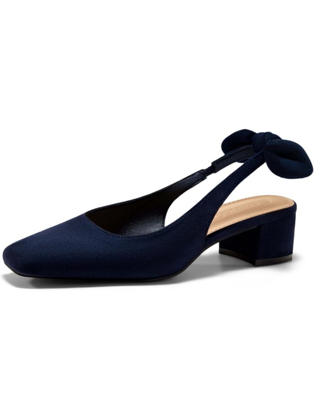 Women's Navy Faux Suede Chunky Low Heels Bow Slingback Closed Square Toe Pumps
